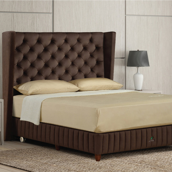 Getha Diamond Square-V Headboard with Tufted Gold Colour Buttons