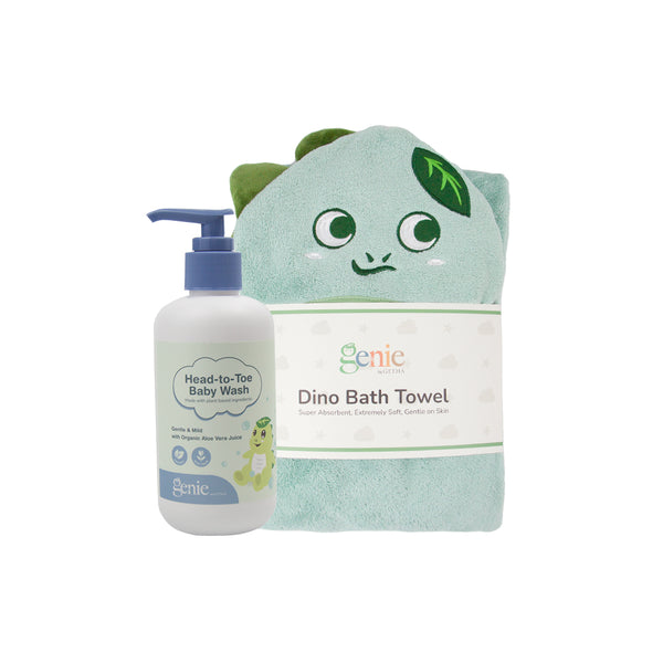 Genie Dino Bath Towel + Genie Head to Toe Baby Wash