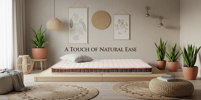 The Getha Tofu Latex Topper, in a tatami setup filled with greens, highlights its natural and eco-friendly comfort and design