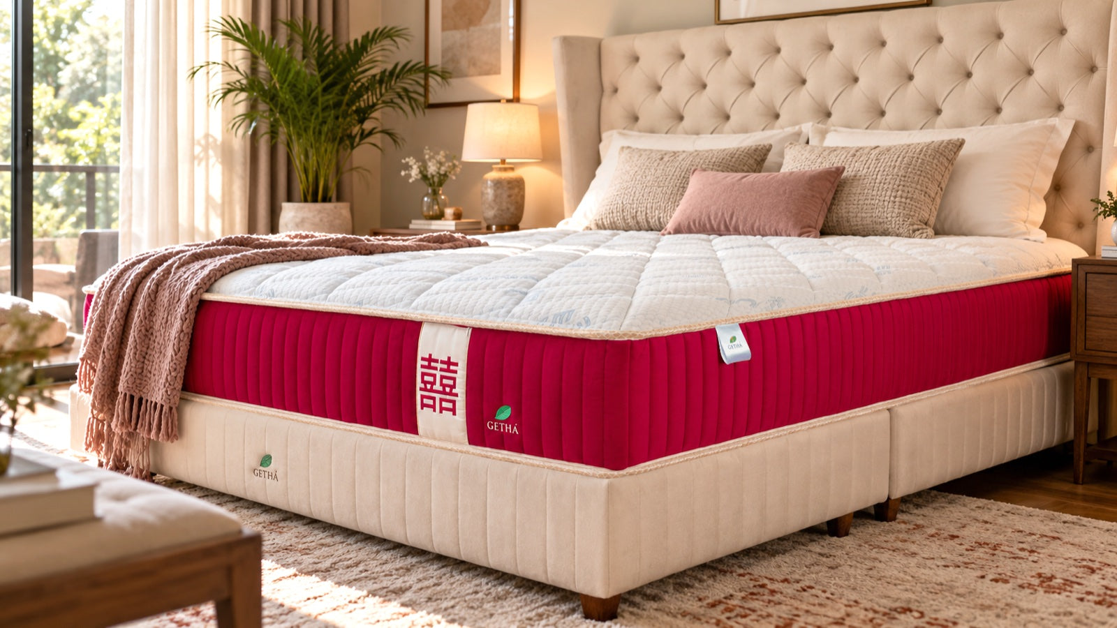 A Getha Transforme mattress with the 囍 panel at the foot end, made up as a bed in a bright bedroom