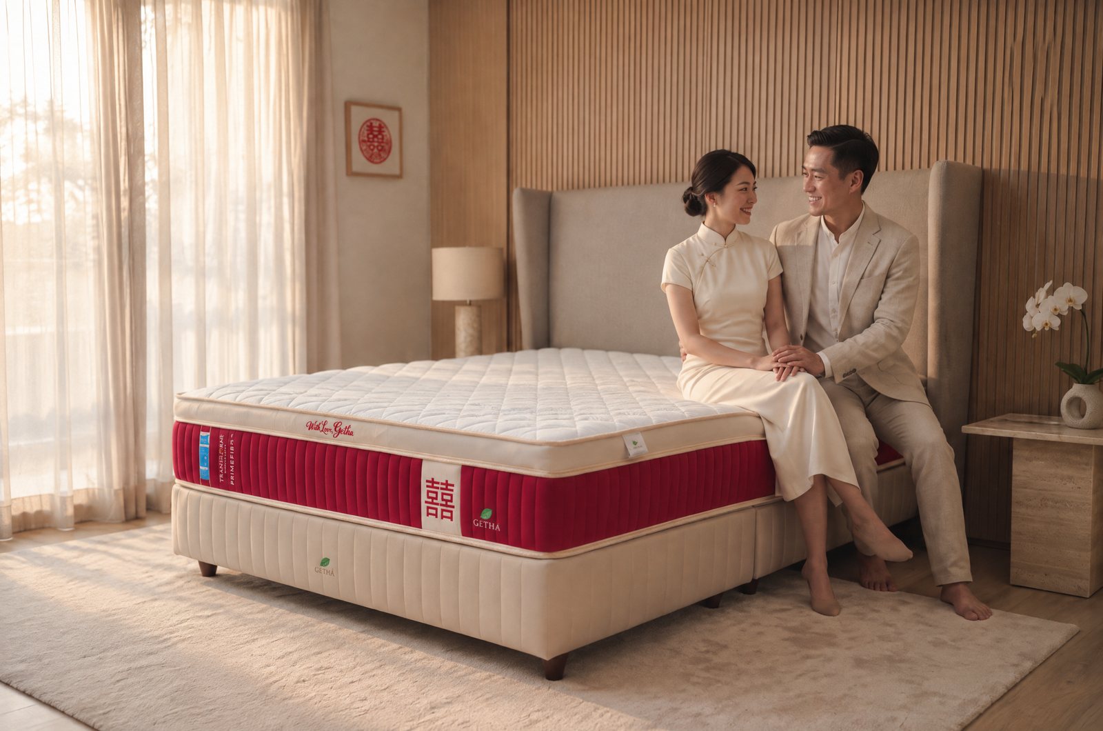 A newlywed couple sitting together on their Getha Transforme mattress in a bright bedroom