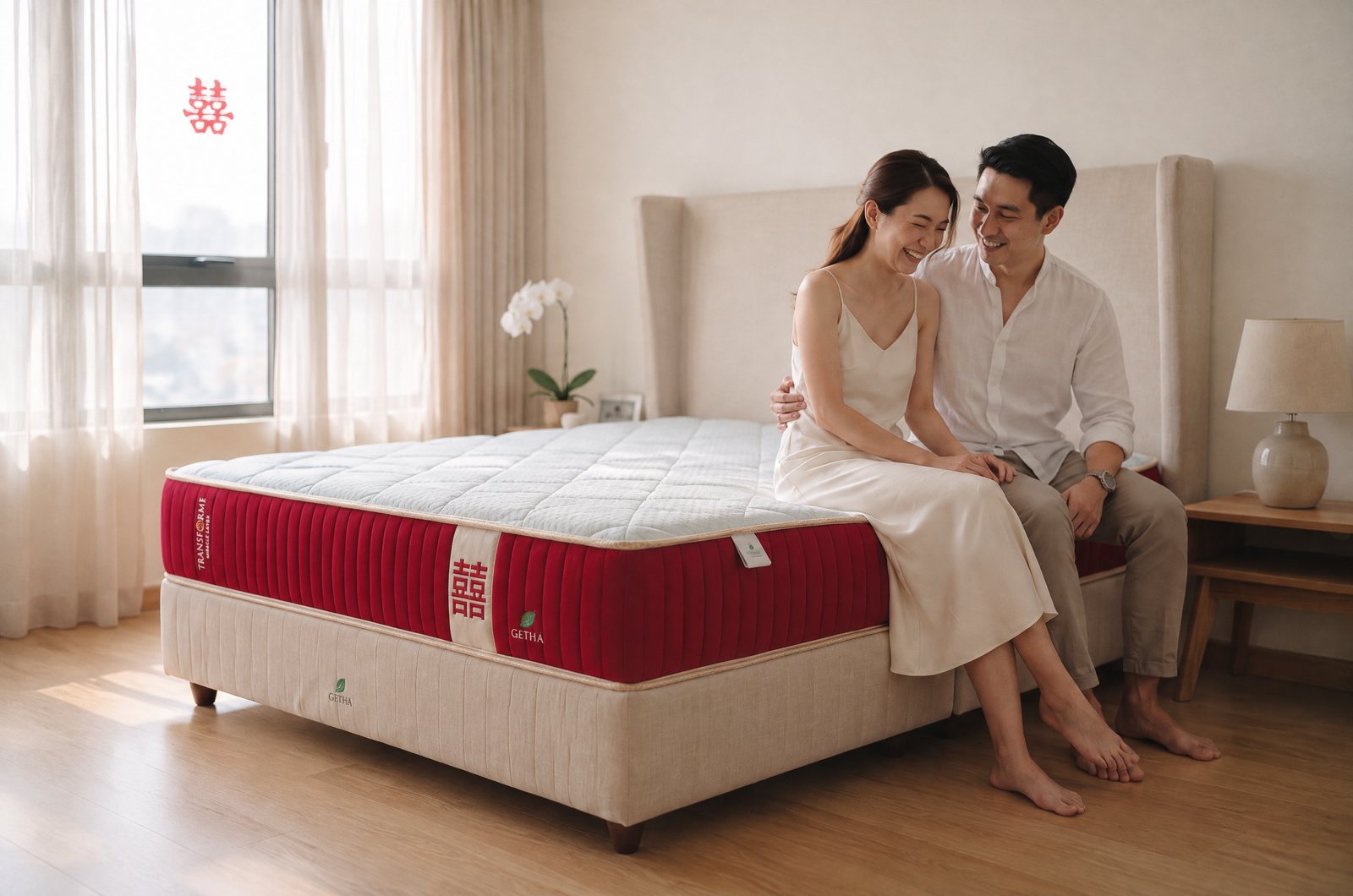 A newlywed couple sitting together on their Getha Transforme mattress in a bright bedroom